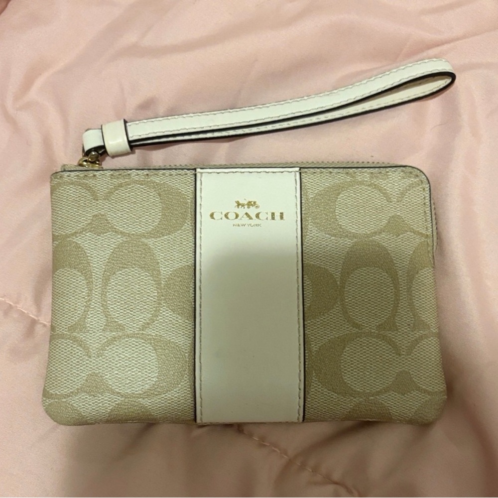 Coach Beige and White Signature Wristlet with Gold Logo